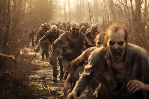 group of zombies running at foggy autumn day. Neural network generated image. Not based on any actual person, scene or pattern.
