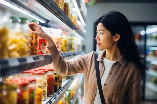 young adult Asian woman choosing a product in a grocery store. Neural network generated image. Not based on any actual person or scene.