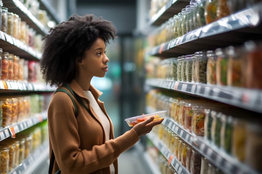 young adult African American woman choosing a product in a grocery store. Neural network generated image. Not based on any actual person or scene.