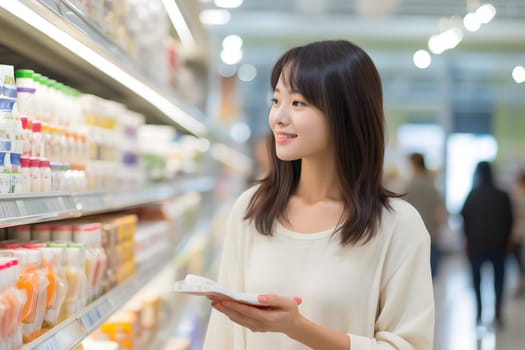 young adult Asian woman choosing a product in a grocery store. Neural network generated image. Not based on any actual person or scene.
