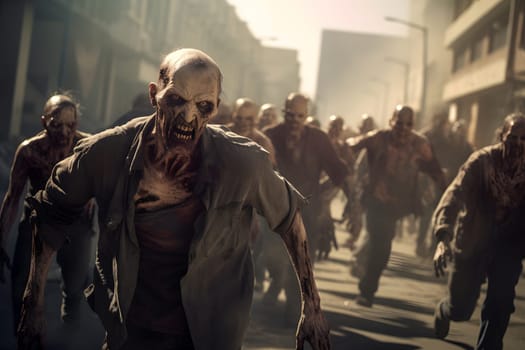 Group of zombies running on city street at day time. Neural network generated image. Not based on any actual person or scene.