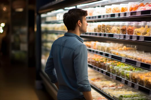 young adult Caucasian man choosing a product in a grocery store. Neural network generated image. Not based on any actual person or scene.
