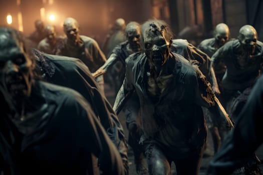 Group of zombies walking on street at night. Neural network generated image. Not based on any actual person or scene.