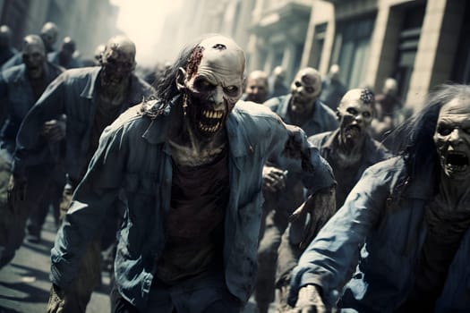 Group of zombies running on city street at day time. Neural network generated image. Not based on any actual person or scene.