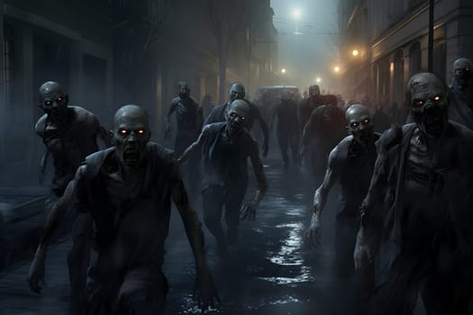 Group of zombies running on city street at night. Neural network generated image. Not based on any actual person or scene.
