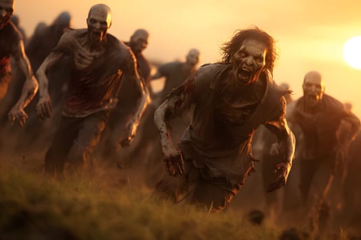Group of zombies running on summer meadow at sunset. Neural network generated image. Not based on any actual person, scene or pattern.