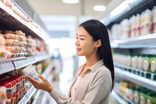 young adult Asian woman choosing a product in a grocery store. Neural network generated image. Not based on any actual person or scene.