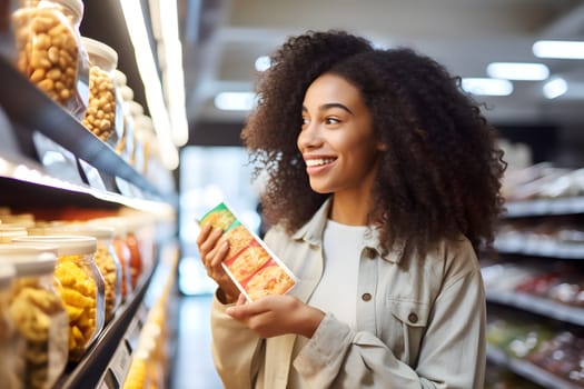 young adult African American woman choosing a product in a grocery store. Neural network generated image. Not based on any actual person or scene.