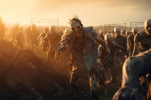group of zombies running at summer morning. Neural network generated image. Not based on any actual person, scene or pattern.
