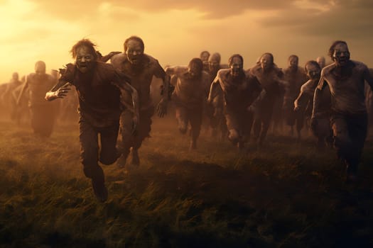 Group of zombies running on summer meadow at sunset. Neural network generated image. Not based on any actual person, scene or pattern.