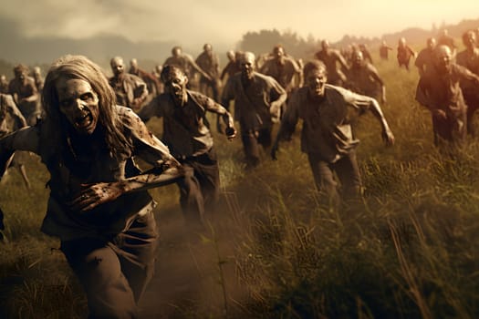 group of zombies running at summer morning. Neural network generated image. Not based on any actual person, scene or pattern.