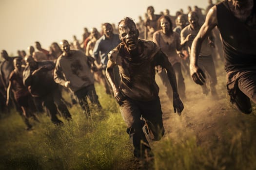 group of zombies running at summer day. Neural network generated image. Not based on any actual person, scene or pattern.