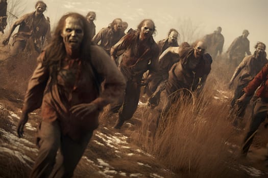 group of zombies running at foggy spring day. Neural network generated image. Not based on any actual person, scene or pattern.