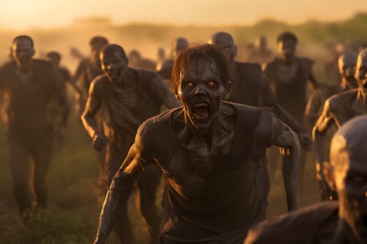 Group of zombies running on summer meadow at sunset. Neural network generated image. Not based on any actual person, scene or pattern.
