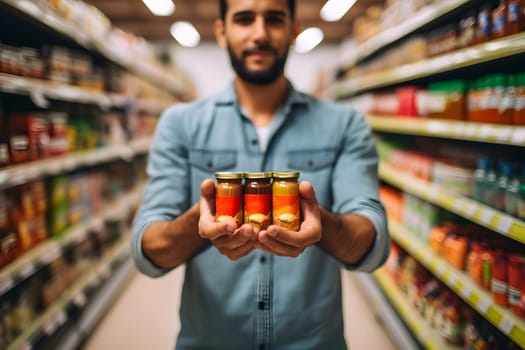 young adult Mexican man choosing a product in a grocery store. Neural network generated image. Not based on any actual person or scene.
