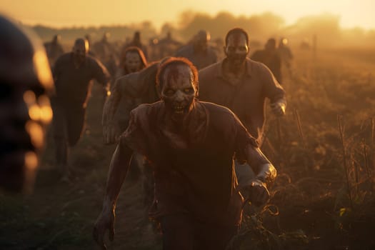 Group of zombies running on summer meadow at sunset. Neural network generated image. Not based on any actual person, scene or pattern.