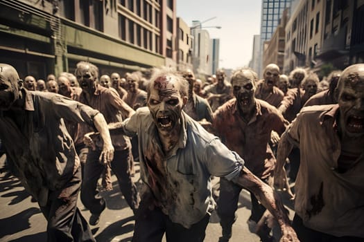 Group of zombies running on city street at day time. Neural network generated image. Not based on any actual person or scene.