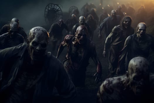 group of zombies running outdoors at foggy night. Neural network generated image. Not based on any actual person, scene or pattern.