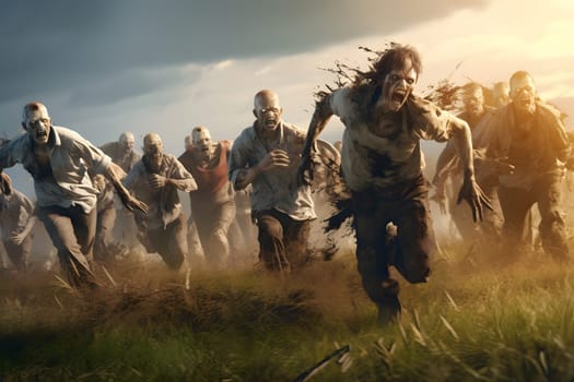Group of zombies running on summer meadow at morning. Neural network generated image. Not based on any actual person, scene or pattern.