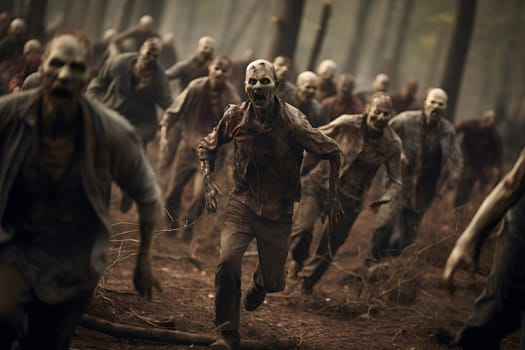 Group of zombies running in autumn forest at cloudy day. Neural network generated image. Not based on any actual person or scene.