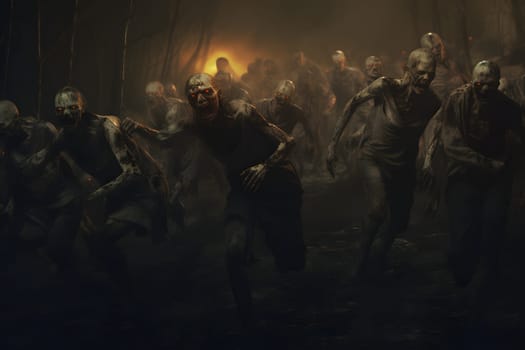 group of zombies running in autumn forest at night. Neural network generated image. Not based on any actual person or scene.