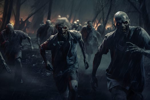 group of zombies running in autumn forest at rainy night. Neural network generated image. Not based on any actual person or scene.