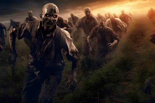 Group of zombies running on summer meadow at sunset. Neural network generated image. Not based on any actual person, scene or pattern.