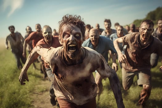 Group of zombies running on summer meadow at day light. Neural network generated image. Not based on any actual person, scene or pattern.