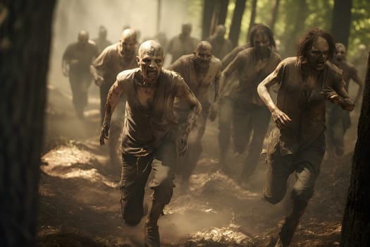 group of zombies running in summer forest at day time. Neural network generated image. Not based on any actual person or scene.