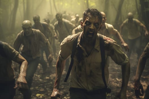 group of zombies running in summer forest at day time. Neural network generated image. Not based on any actual person or scene.
