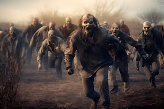 group of zombies running at foggy autumn or spring day. Neural network generated image. Not based on any actual person or scene.