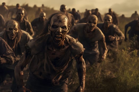 Group of zombies running on summer meadow at sunset. Neural network generated image. Not based on any actual person, scene or pattern.