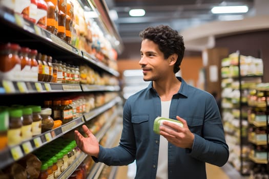 young adult Mexican man choosing a product in a grocery store. Neural network generated image. Not based on any actual person or scene.