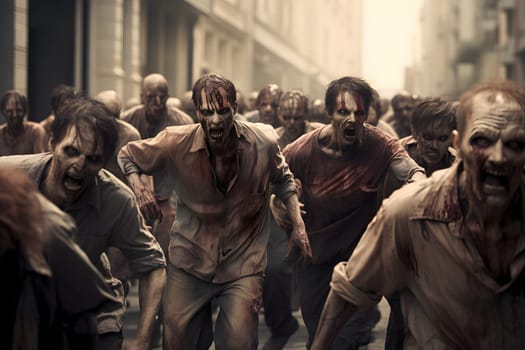 Group of zombies running on city street at day time. Neural network generated image. Not based on any actual person or scene.