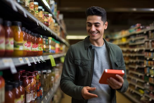 young adult Mexican man choosing a product in a grocery store. Neural network generated image. Not based on any actual person or scene.