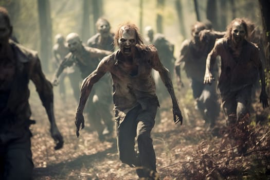 Group of zombies running in autumn forest at cloudy day. Neural network generated image. Not based on any actual person or scene.