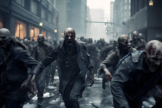 group of zombies at foggy city street at winter day. Neural network generated image. Not based on any actual person or scene.