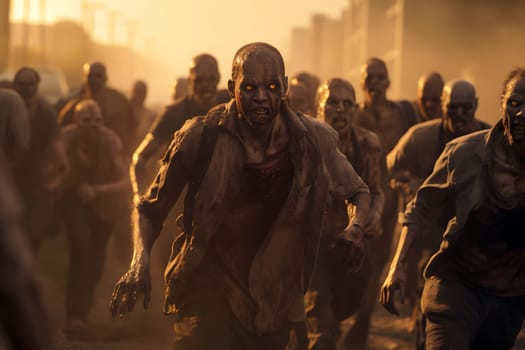 Group of zombies running on city street at sunset or sunrise. Neural network generated image. Not based on any actual person or scene.