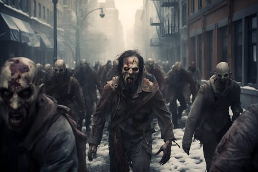 group of zombies at foggy city street at winter day. Neural network generated image. Not based on any actual person or scene.