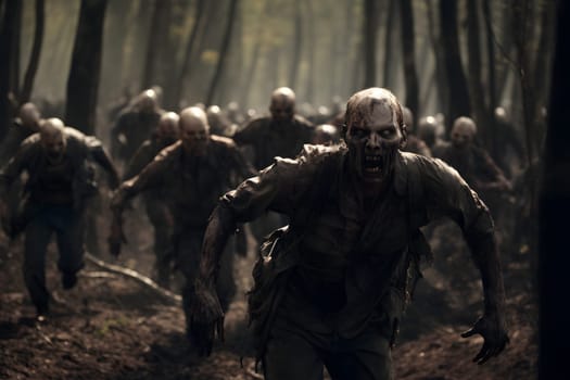 Group of zombies running in autumn forest at cloudy day. Neural network generated image. Not based on any actual person or scene.