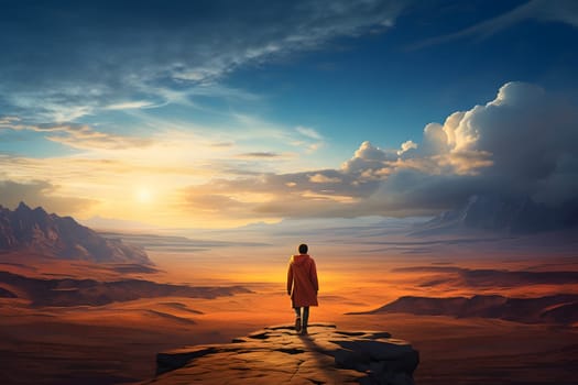 rear view of traveler in a desert landscape scenery on top of rocky formation. Neural network generated image. Not based on any actual person, scene or pattern.