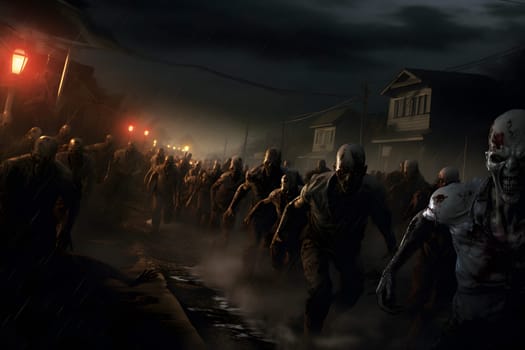 Zombie horde running on suburban street at night. Neural network generated image. Not based on any actual person or scene.