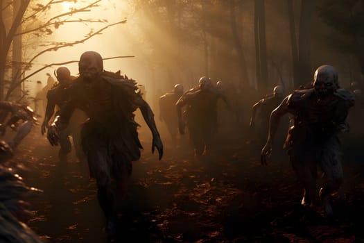 group of zombies running in forest at morning. Neural network generated image. Not based on any actual person or scene.