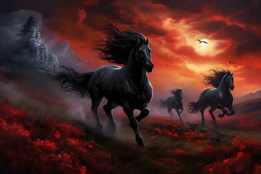 Dark horses running in a gloomy red field of flowers, in front of castle with dramatic clouds in sunset sky. Neural network generated image. Not based on any actual person, scene or pattern.
