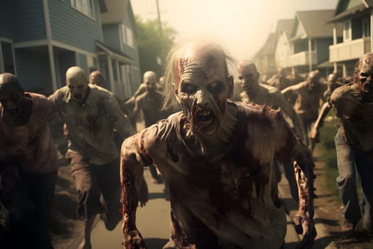 Zombie horde running toward camera at suburbs street at sunny summer day. Neural network generated image. Not based on any actual person or scene.