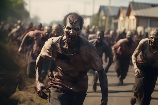 Zombie horde running toward camera at suburbs street at sunny summer day. Neural network generated image. Not based on any actual person or scene.