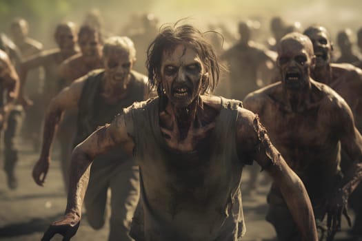 group of zombies running at sunny morning. Neural network generated image. Not based on any actual person or scene.