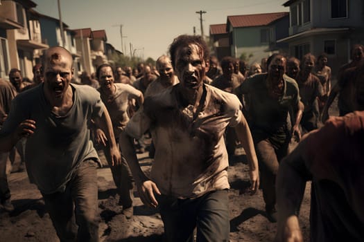 Zombie horde running toward camera at suburbs street at sunny morning. Neural network generated image. Not based on any actual person or scene.
