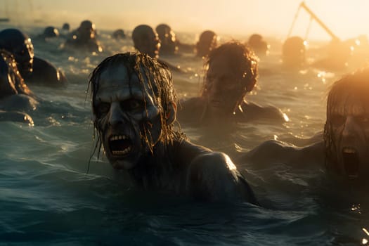 group of zombies in water at sunrise or sunset. Neural network generated image. Not based on any actual person or scene.