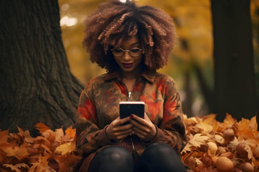 African American young adult woman sitting on the ground in fallen autumn maple leaves looking in her cellphone. AI generated image. Not based on any actual person or scene.